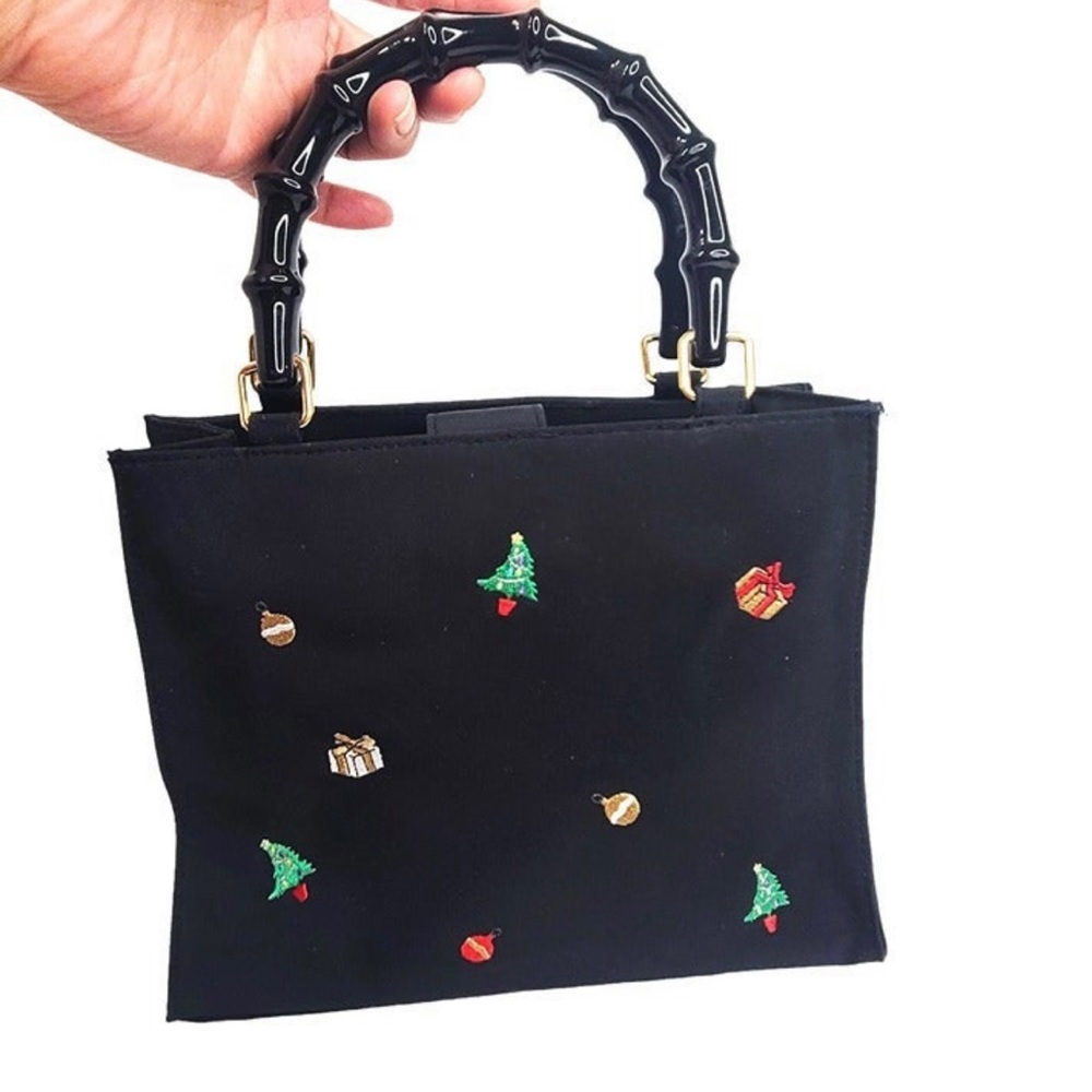 Vintage Y2K Black Christmas Bamboo Handle Mini Tote Hand Bag